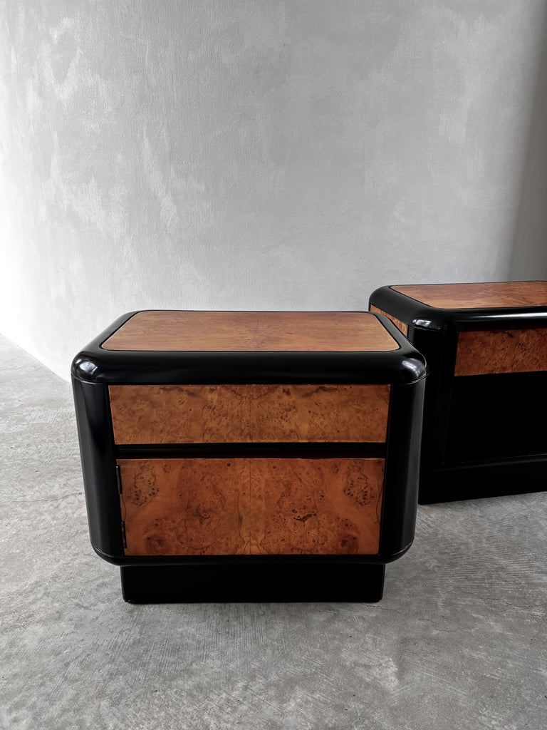 SOLD American 1970's Maple Burlwood Bullnose Nightstands