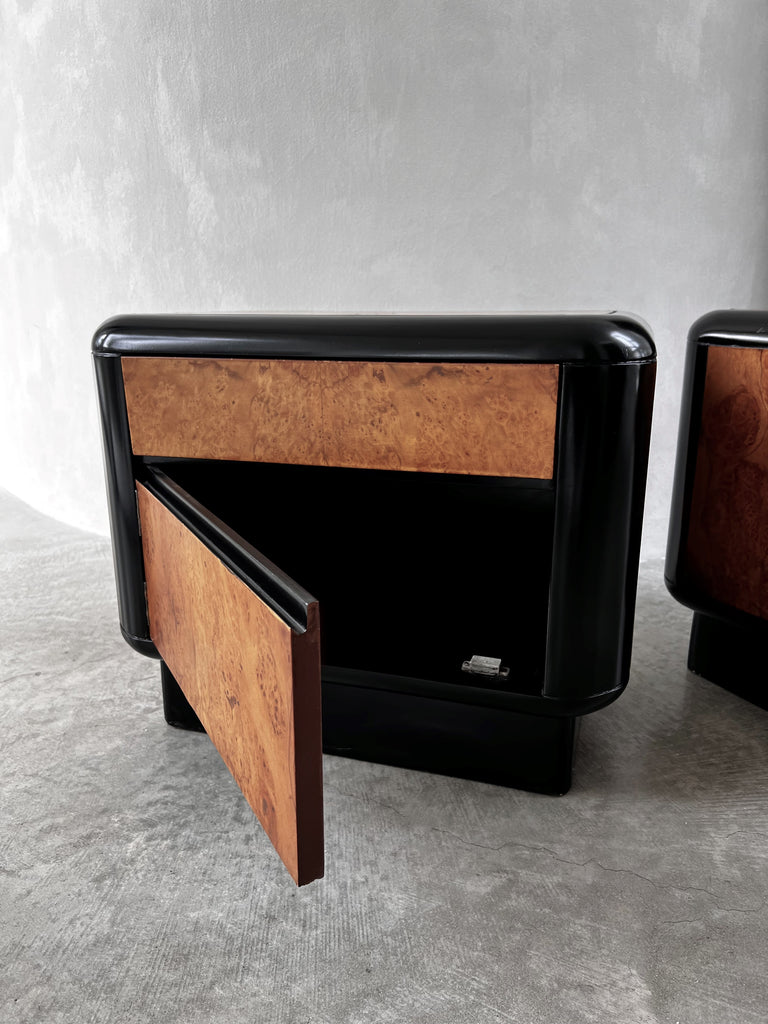 SOLD American 1970's Maple Burlwood Bullnose Nightstands