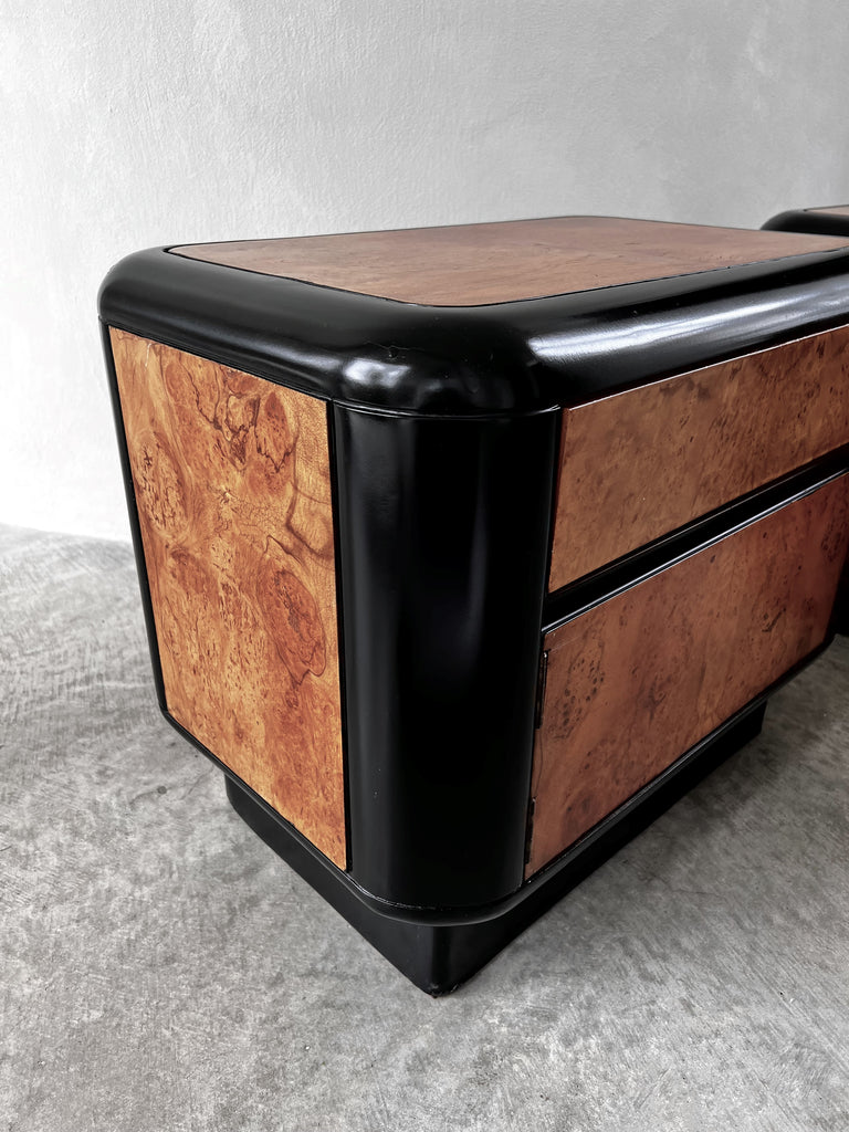 SOLD American 1970's Maple Burlwood Bullnose Nightstands