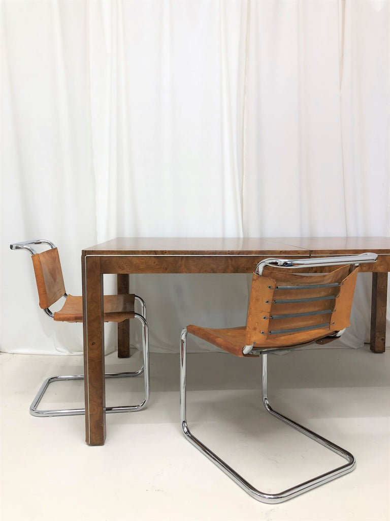 SOLD Milo Baughman Parsons style Burlwood Dining Table – Mid Century Swag